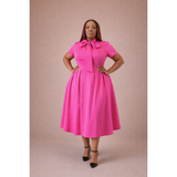 Fuschia Midi Flare A-Line Dress Mock Neck Bow