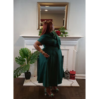 Green midi fit and flare dress a-line mock neck with necktie