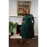 Green midi fit and flare dress a-line mock neck with necktie
