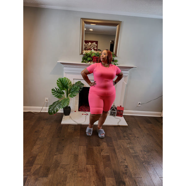 Two Piece Shorts Set - Neon Pink