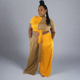 Color Block Wrap Shirt w/Palazzo Pants Mustard/Mocha
