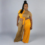 Color Block Wrap Shirt w/Palazzo Pants Mustard/Mocha