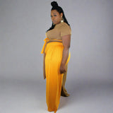 Color Block Wrap Shirt w/Palazzo Pants Mustard/Mocha