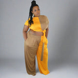 Color Block Wrap Shirt w/Palazzo Pants Mustard/Mocha