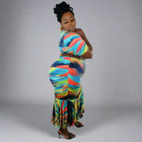 Multi-Colored Blue Pleated Hem Maxi