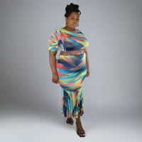Multi-Colored Blue Pleated Hem Maxi