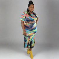 Multi-Colored Blue Pleated Hem Maxi