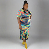 Multi-Colored Blue Pleated Hem Maxi